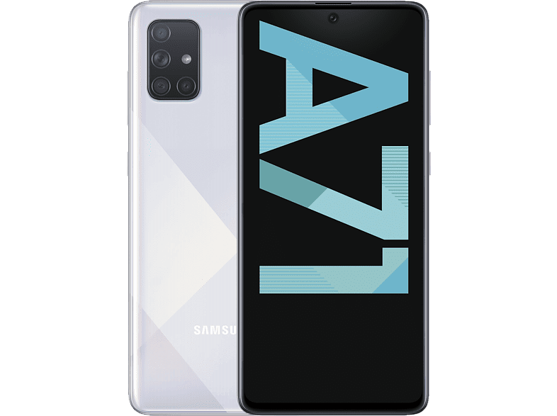 Un teléfono Samsung A71, parte trasera blanca con cámaras y una pantalla negra con texto.