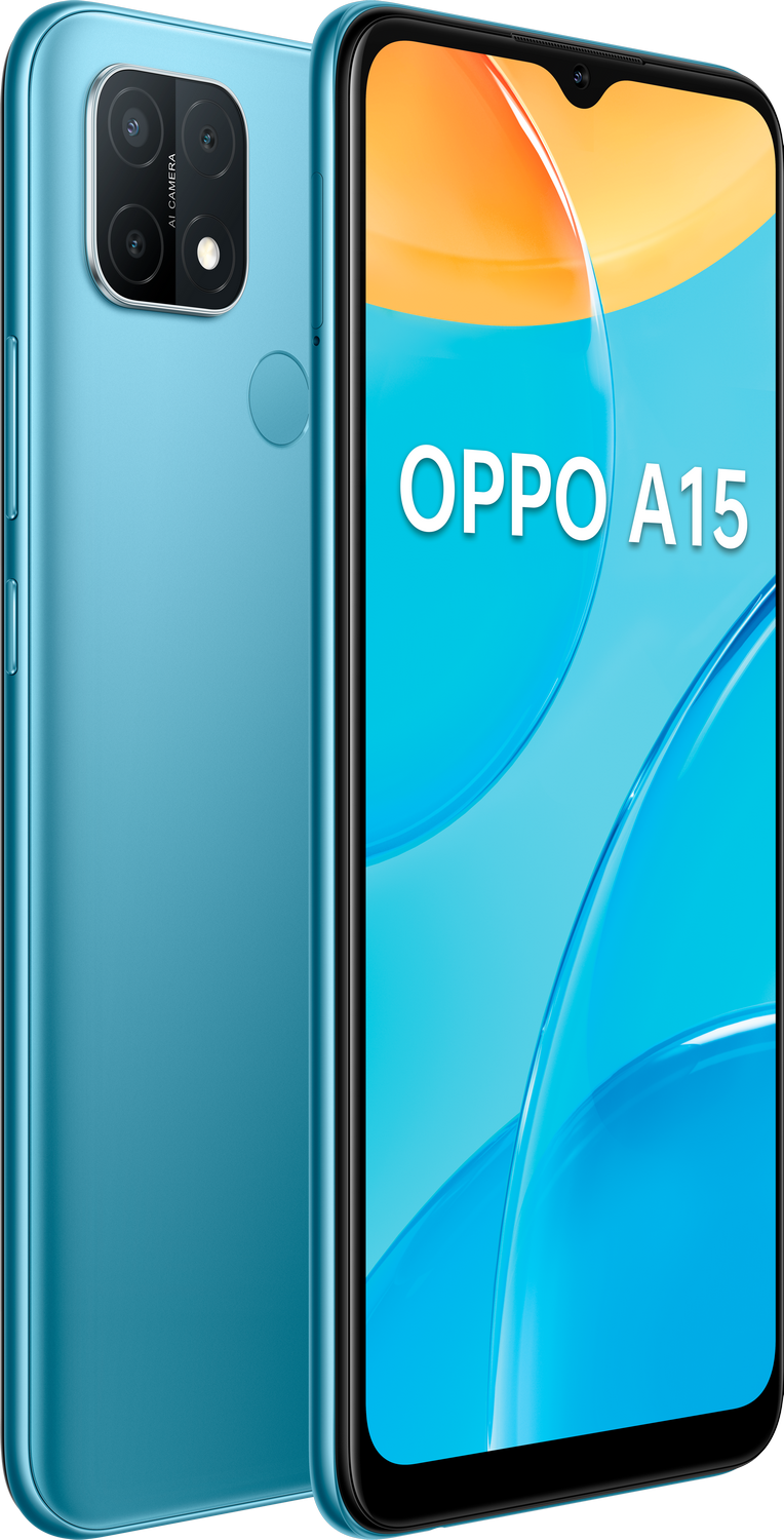 Un teléfono inteligente azul claro con triple cámara, mostrando la palabra OPPO A15.