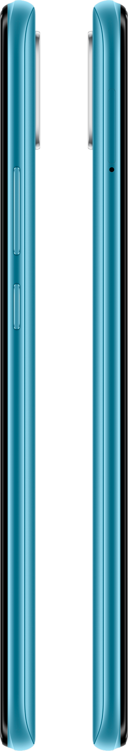 Dos lados estrechos de un teléfono inteligente azul claro. Botones y cámara visibles. Fondo negro.
