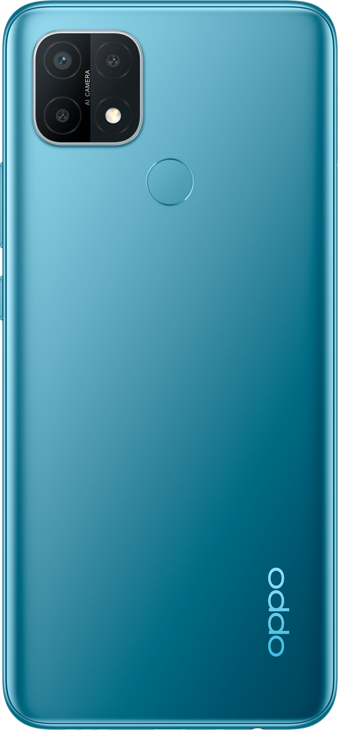Teléfono Oppo A15s azul, vista trasera, con cámaras y logotipo.