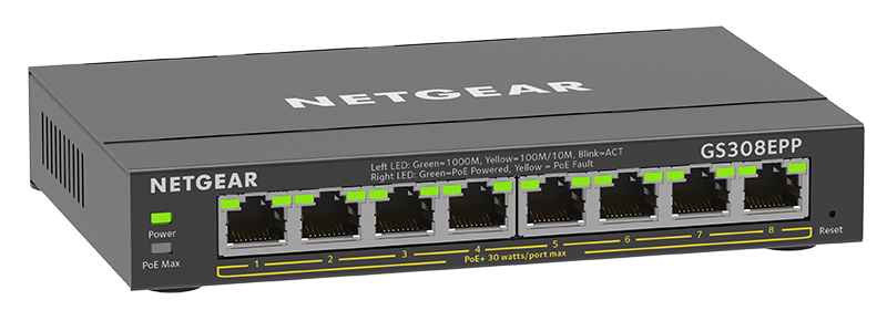 A black Netgear GS308EPP network switch with green and yellow LEDs.