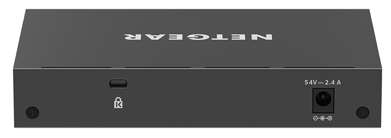 A black NETGEAR network switch with ports, a power input, and the NETGEAR logo on a dark surface.