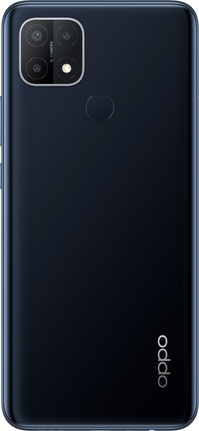 Un teléfono Oppo azul, vista trasera. Tiene un módulo de cámara con tres lentes y el logotipo de Oppo.