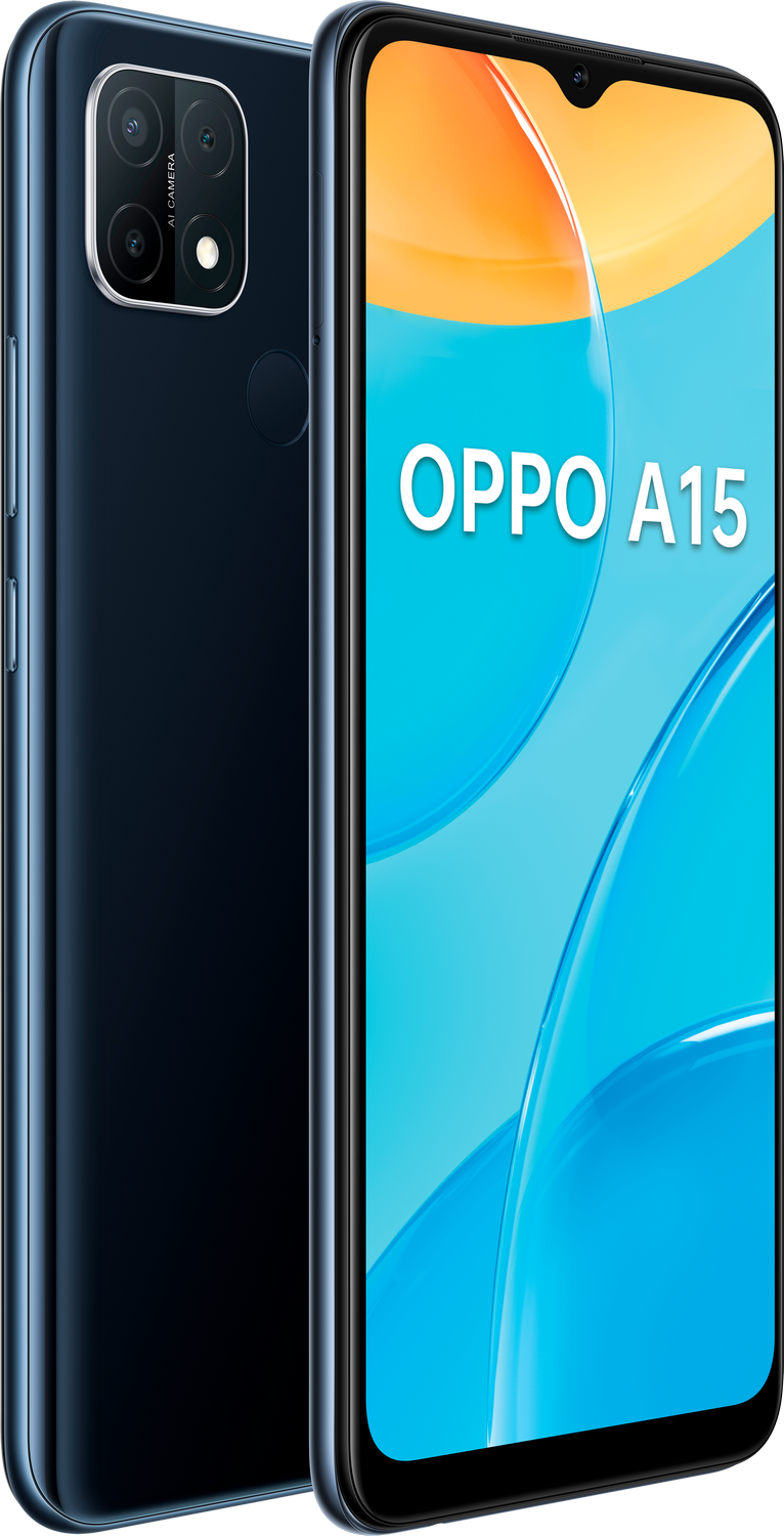 Smartphone OPPO A15 con cuerpo azul y pantalla colorida.