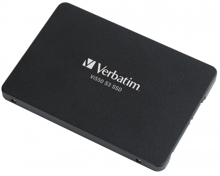 Fekete Verbatim Vi550 S3 SSD. A márkanév a készülék tetején található.