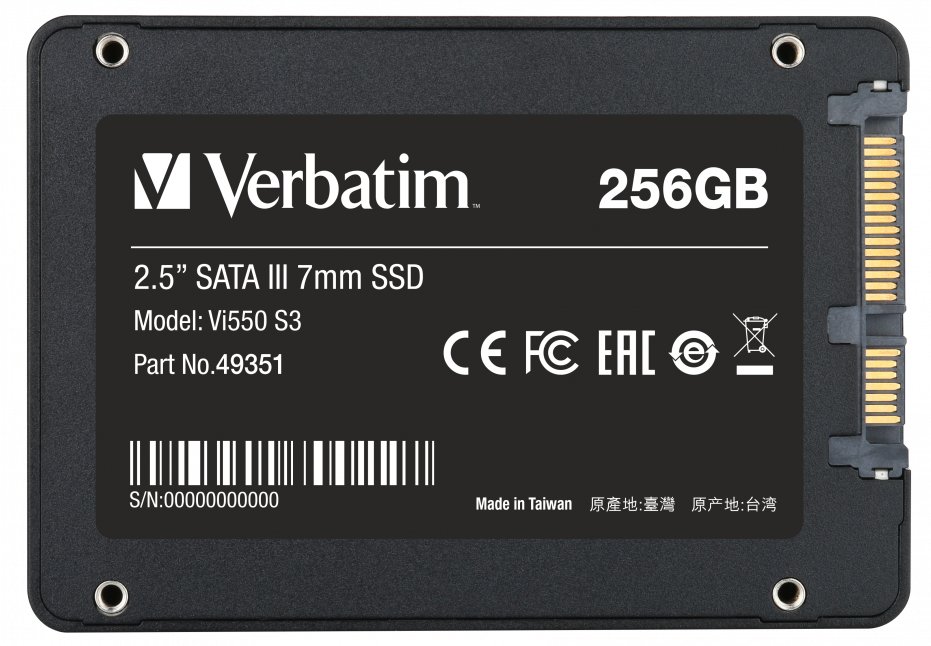 Fekete Verbatim 256 GB 2,5" SATA III SSD címkékkel és vonalkóddal.