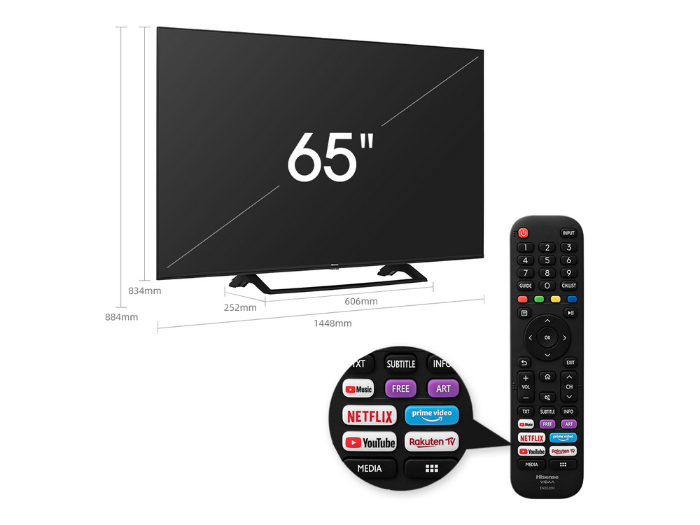 TV LED 65“ - Hisense 65A7300F, UHD 4K, Smart TV, Precision Colour, Quad Core 4, HDR10+, Modo Game, VIDAA U 4.0