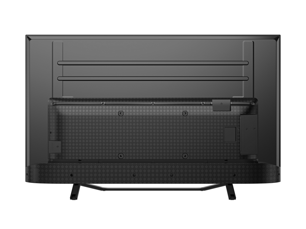 Vista trasera de un televisor negro, que muestra los conectores y el soporte.