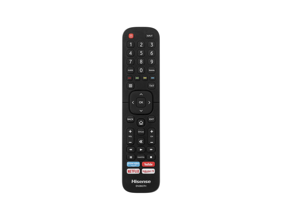Mando a distancia de TV Hisense negro con botones, fondo blanco.