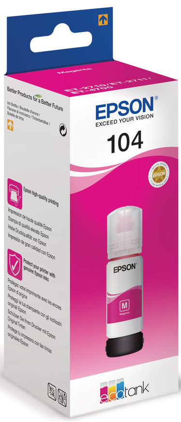 Scatola cartuccia inchiostro Epson 104, colore magenta. La scatola è verticale con dettagli del prodotto e marchio Epson.