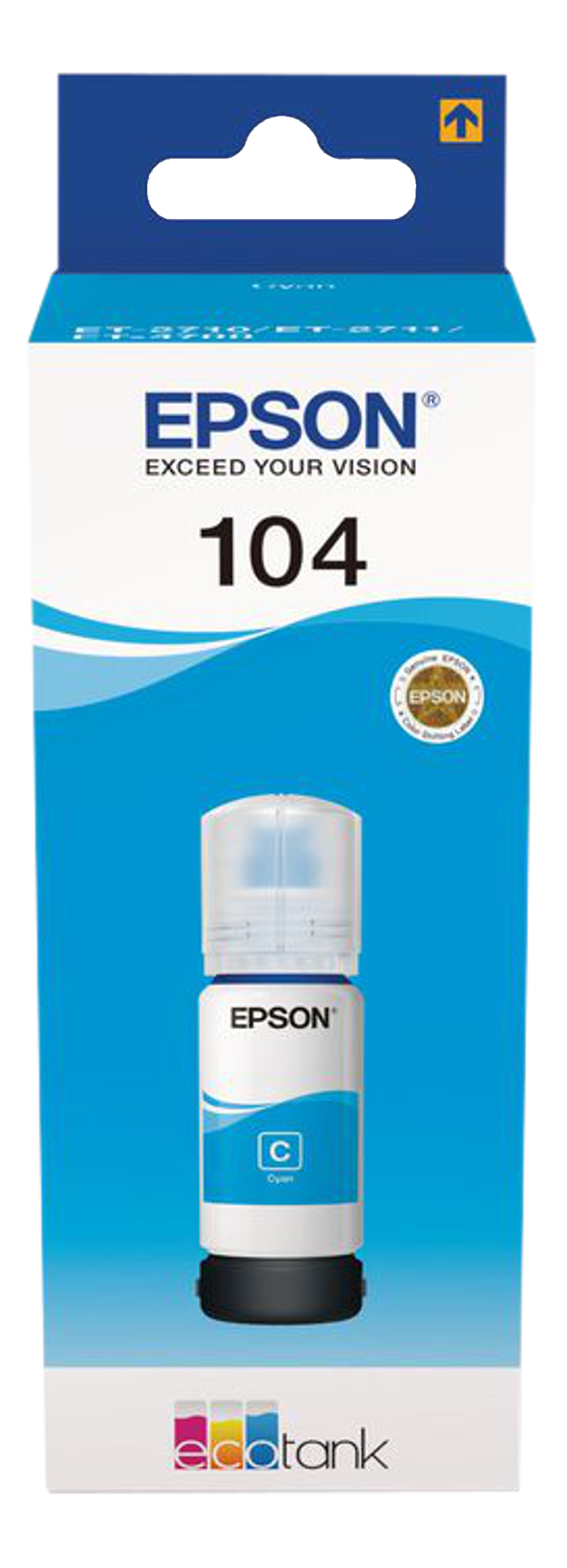 Boîte de cartouche d'encre Epson, couleur cyan, avec le logo Epson et les détails du produit.