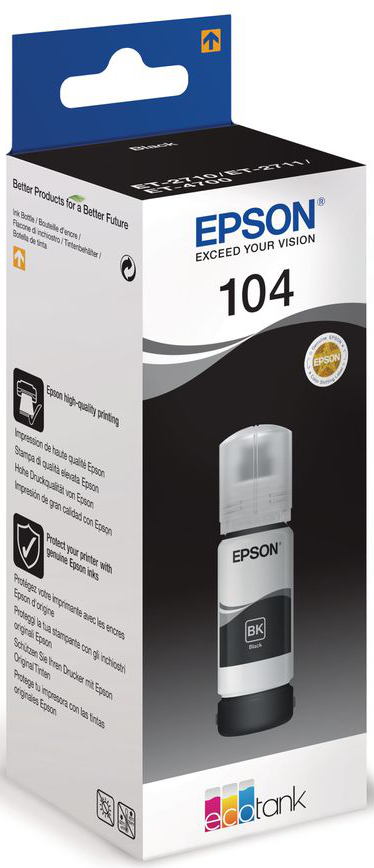 Una bottiglia di inchiostro Epson in una scatola. La scatola è bianca e contiene testo e una bottiglia nera.