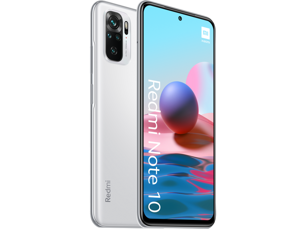 Teléfono Redmi Note 10 blanco y plateado. Está colocado sobre un fondo blanco.