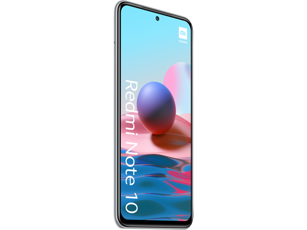 Teléfono Redmi Note 10 con una pantalla que muestra formas abstractas. Marco blanco.