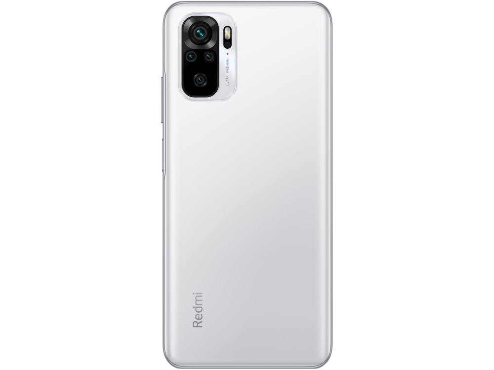 Parte trasera de teléfono blanco con cámara, logo Redmi.