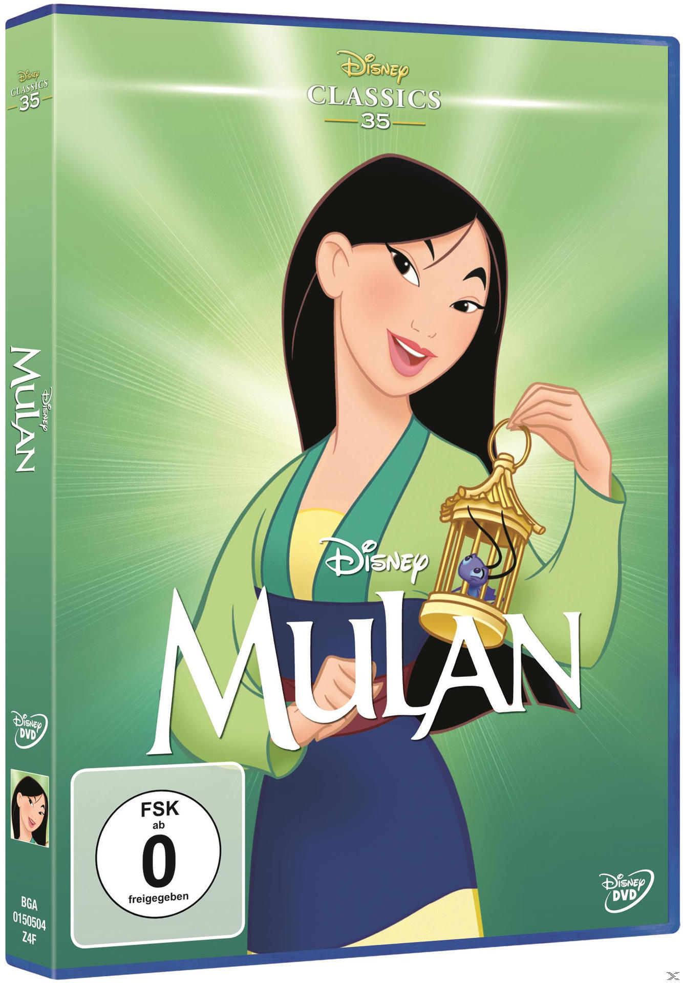 Mulan Disney DVD-Cover mit Mulan und einem Vogel in einem Käfig.