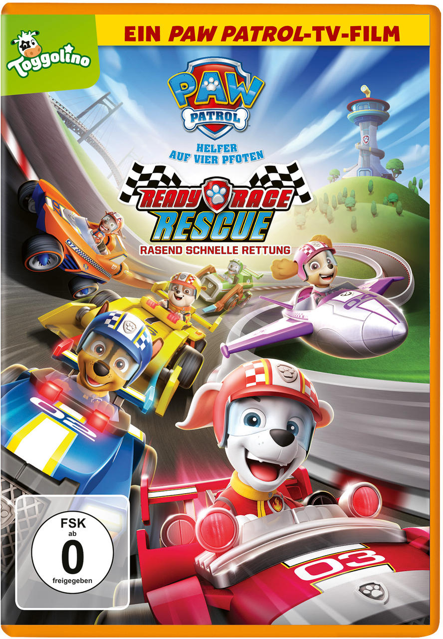 DVD-Cover von Paw Patrol: Ready Race Rescue, mit Zeichentrickhunden in Rennwagen.