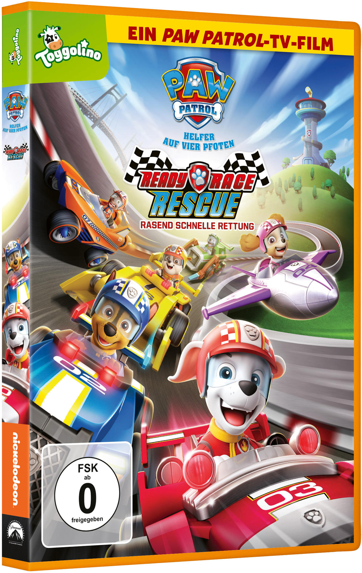 DVD-Hülle für Paw Patrol: Ready Race Rescue, mit Zeichentrickfiguren in Rennwagen.
