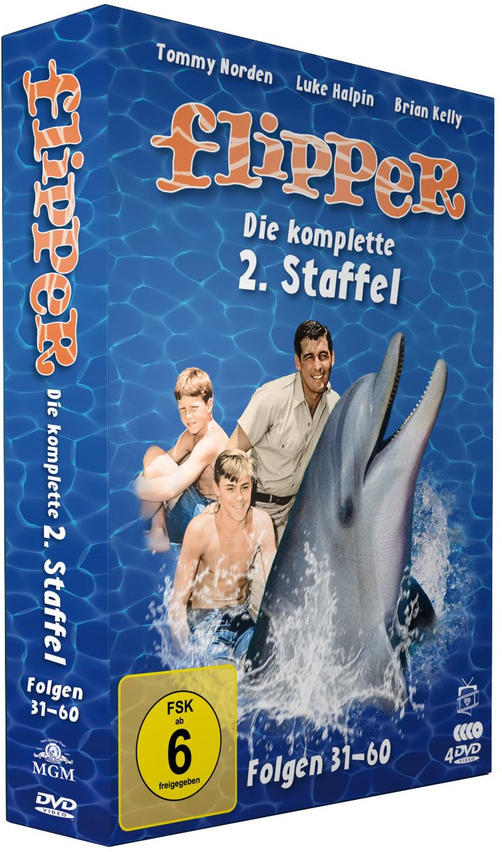 DVD-Box von 'Flipper' mit einem Delphin, einem Mann und zwei Jungen im Wasser.