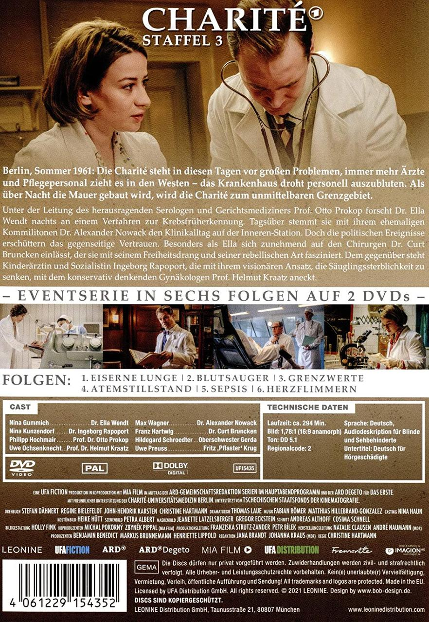 DVD-Cover für Charité, Staffel 3. Menschen in historischer Kleidung und medizinischem Umfeld sind zu sehen.