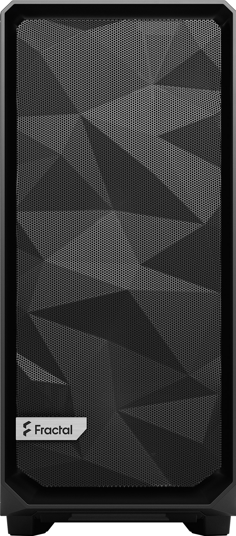 Un boîtier d'ordinateur avec un panneau avant en mesh, un logo Fractal et un motif géométrique. Le boîtier est noir.
