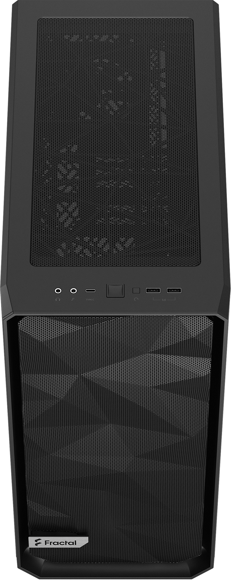 Boîtier d'ordinateur noir. Panneau avant en mesh, boutons et ports. Logo Fractal en bas.