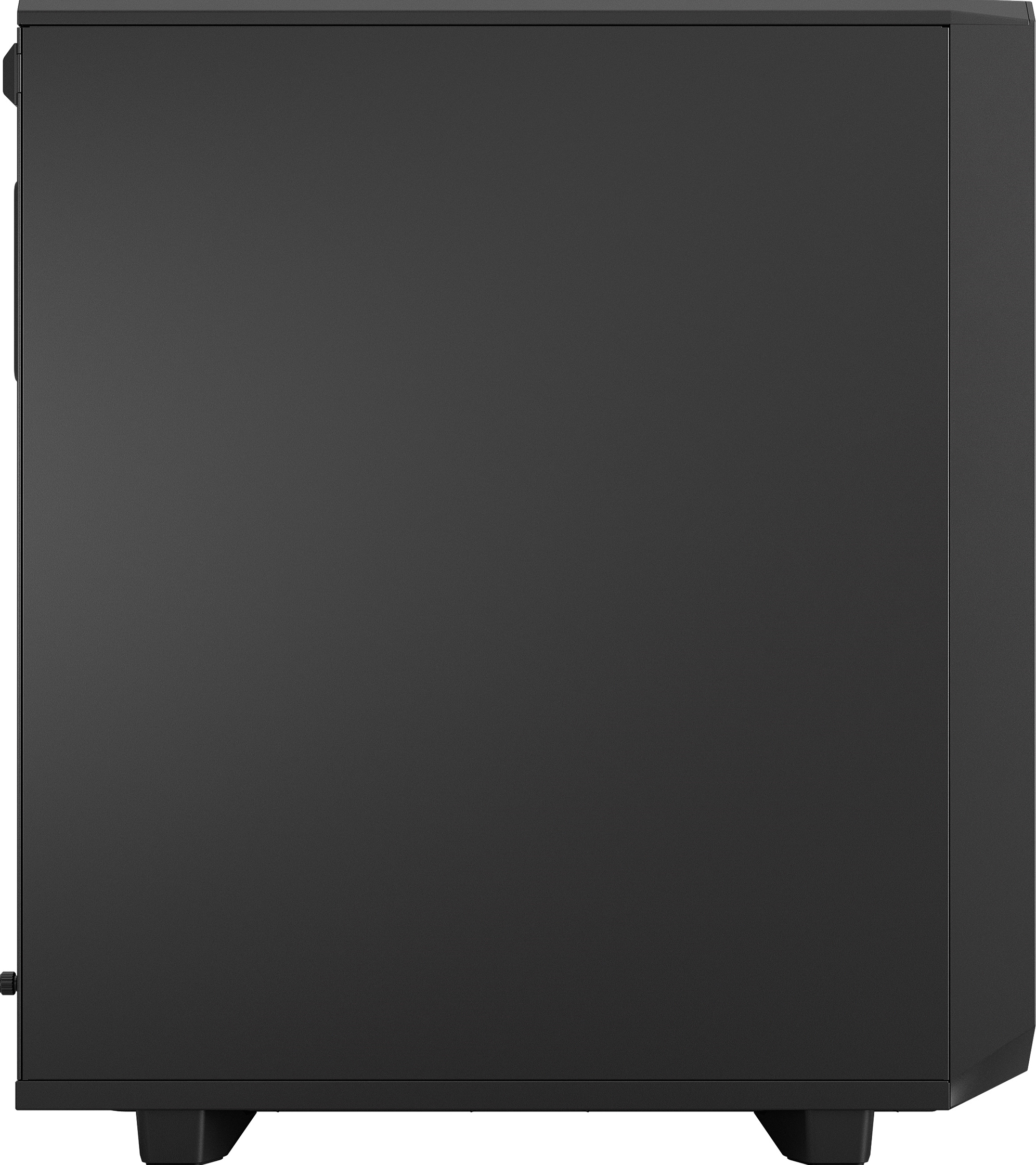 Vue latérale d'un boîtier d'ordinateur noir. Il est rectangulaire avec une surface texturée et repose sur de petits pieds.
