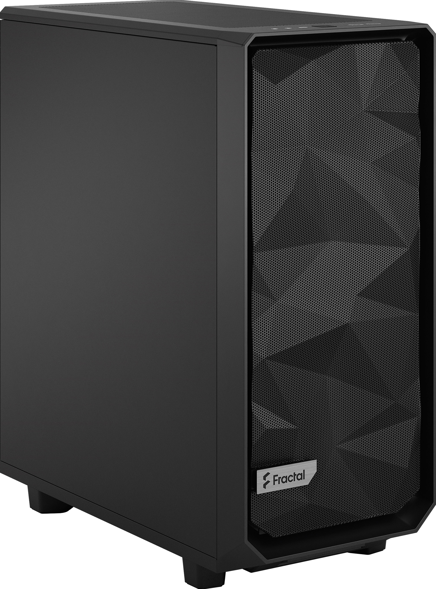 Boîtier d'ordinateur noir avec panneau avant en mesh, avec le logo Fractal.