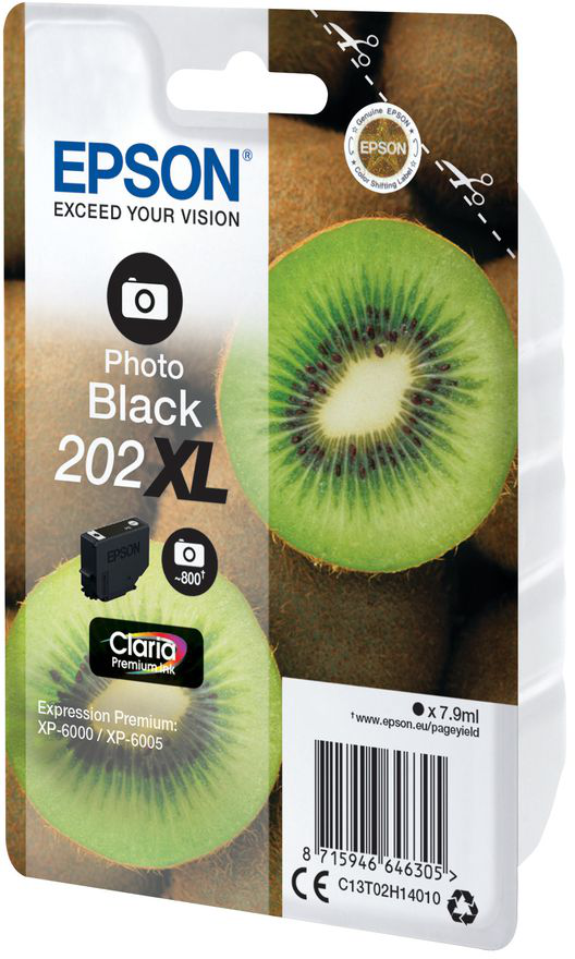 Eine Packung zeigt eine Foto-Schwarz-Tintenpatrone und eine halbierte Kiwi. Text: 202 XL.