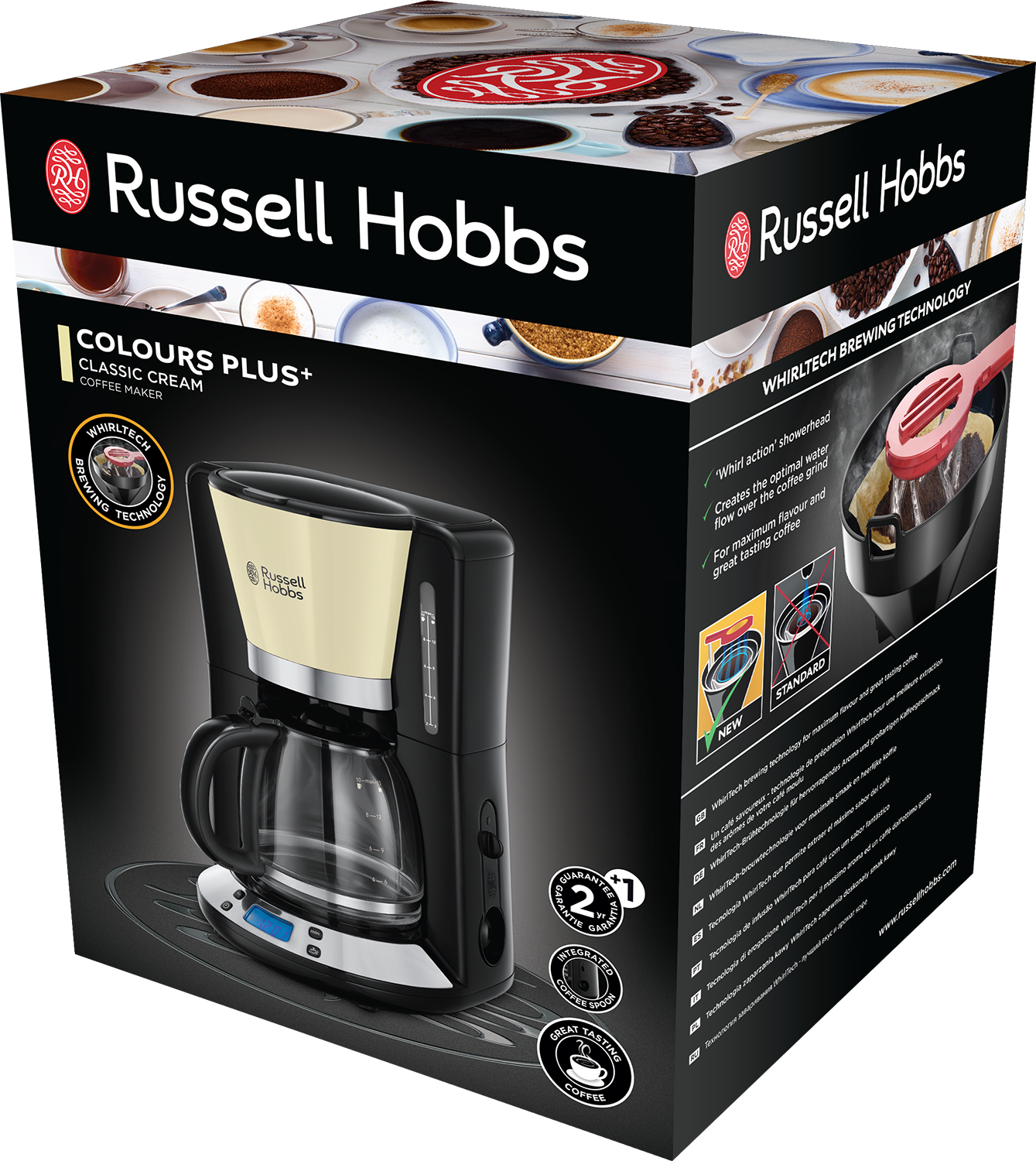 A black and cream Russell Hobbs coffee maker in its box, with text and images on the box.