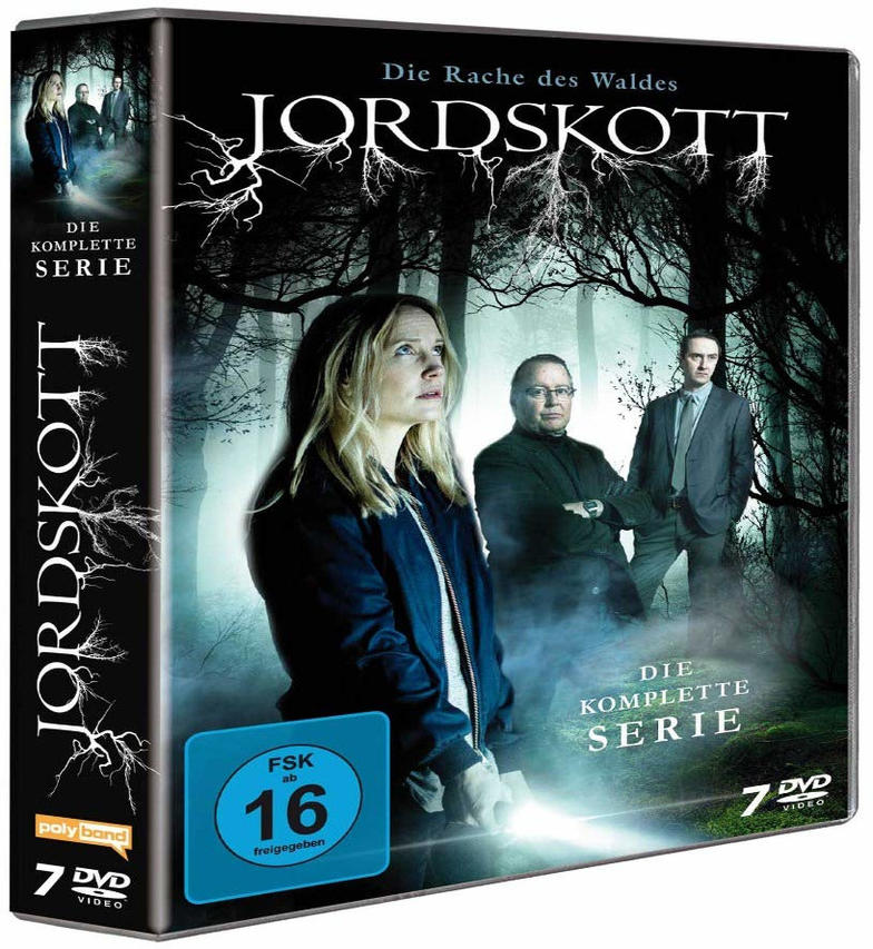 DVD-Cover des Films 'Jordskott' mit Schauspielern in einer Waldkulisse, dunkles Thema.