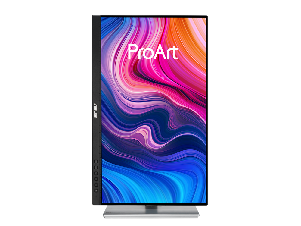 Un monitor vertical muestra una obra de arte abstracta colorida. La parte trasera tiene el logotipo de HP y Z24.