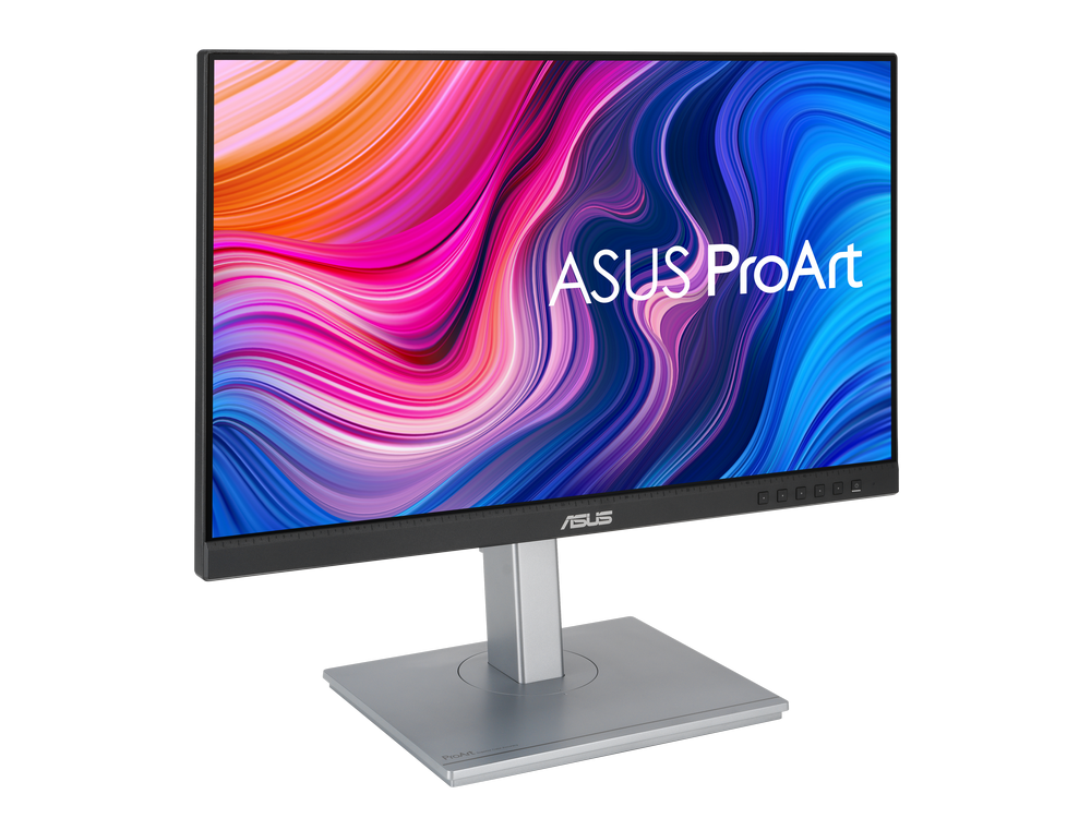 Monitor de computadora con una pantalla colorida. Tiene una base y un marco plateados. Fondo blanco.