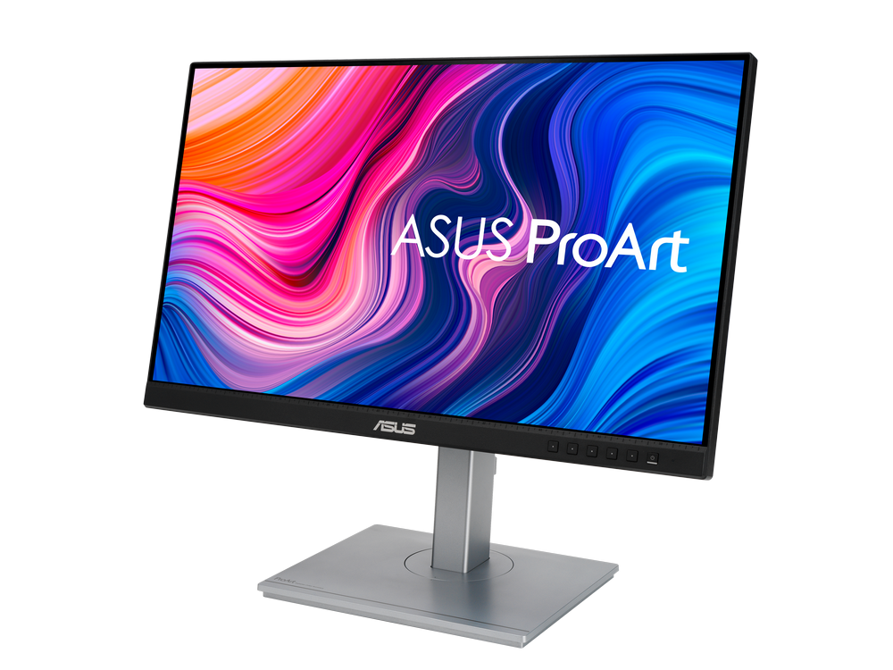 Monitor ASUS ProArt, base plateada, marco negro, vista en ángulo, fondo abstracto colorido vibrante en la pantalla.