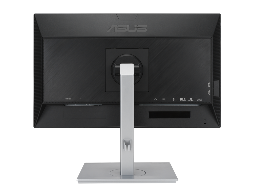 Parte trasera de un monitor de computadora con puertos y soporte. El monitor es negro y plateado.