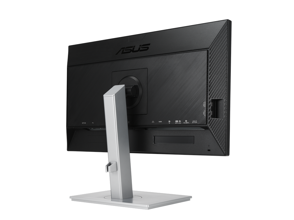 Vista trasera de un monitor de computadora negro con el logotipo de ASUS.