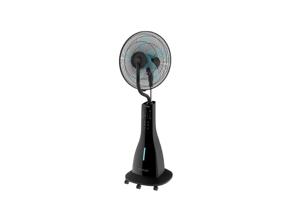 Se muestra un ventilador negro con función de nebulización.