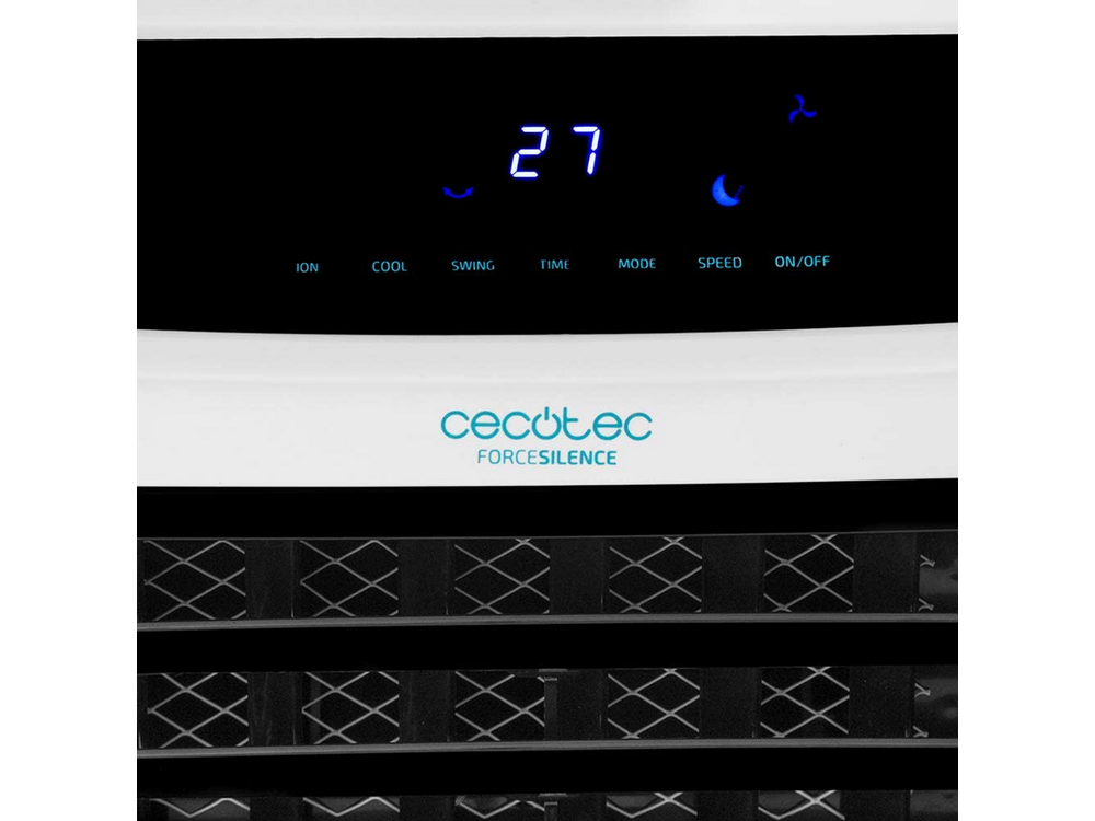 Enfriador de aire blanco con pantalla azul y logotipo de la marca.