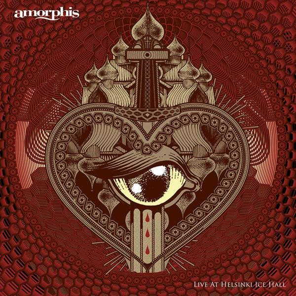 Albumcover mit herzförmigem Design. Das Auge in der Mitte. Roter Hintergrund.