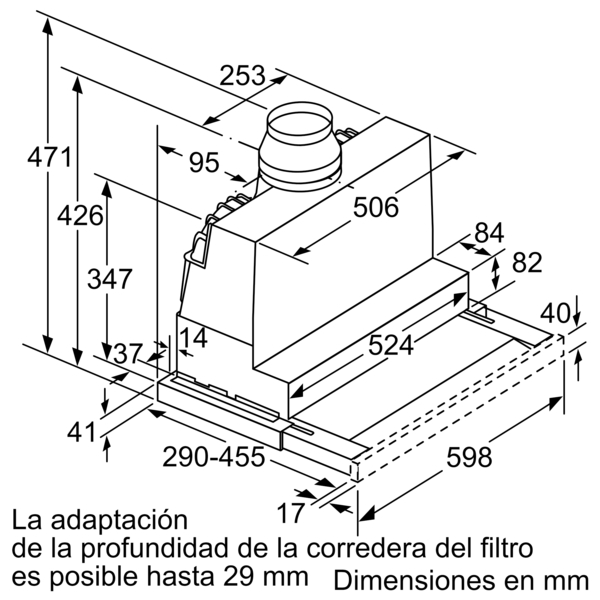 Diagrama de una campana extractora con dimensiones en español.