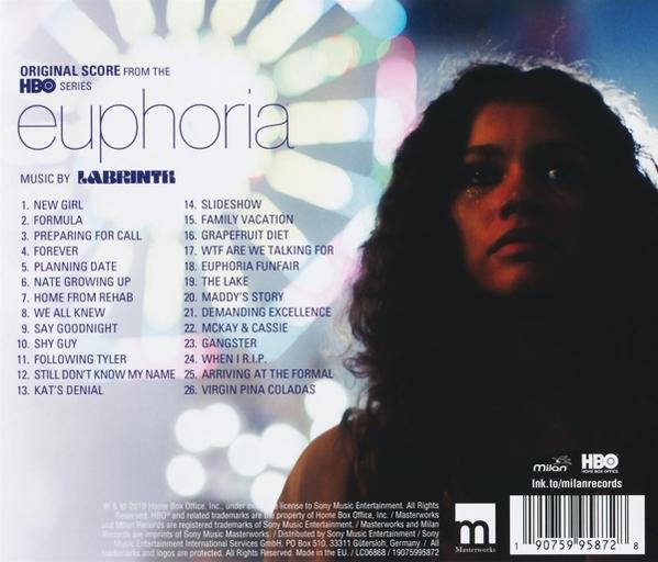 Rückseite des Euphoria-Soundtrack-CD. Zeigt das Bild einer Frau, die Titelliste und Logos.