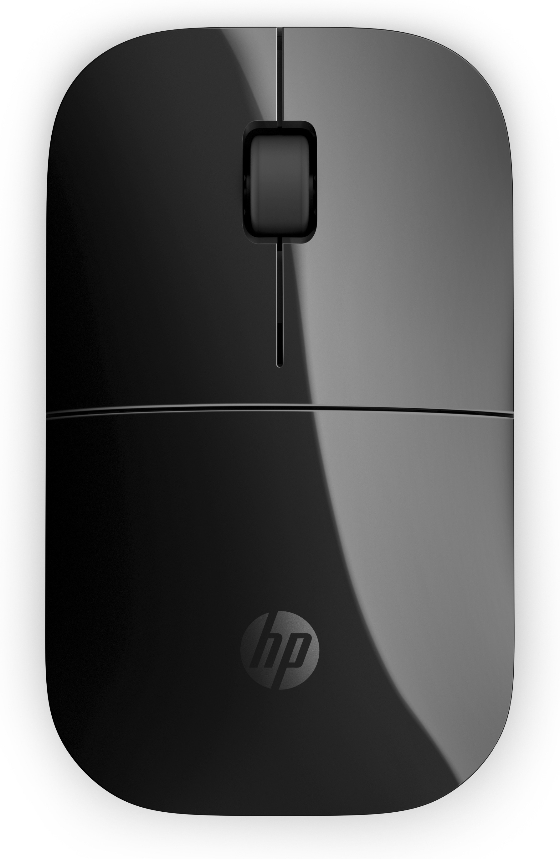 Siyah HP fare. Farenin bir HP logosu var. Parlak siyah yüzey. Beyaz zemin.