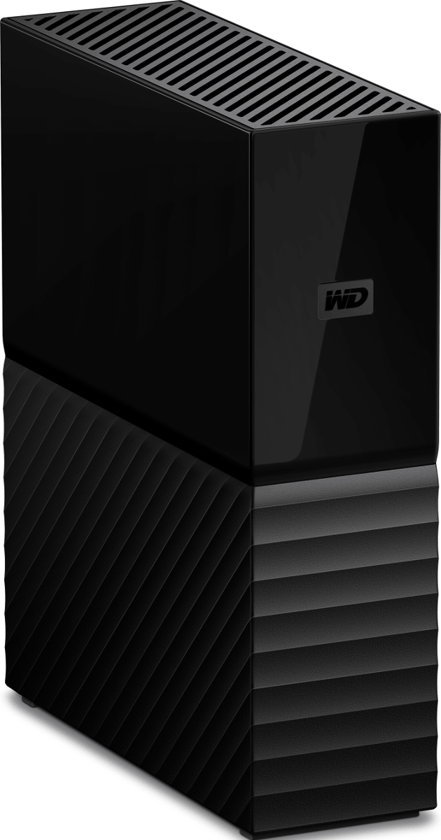 Un disque dur externe noir avec un design texturé.