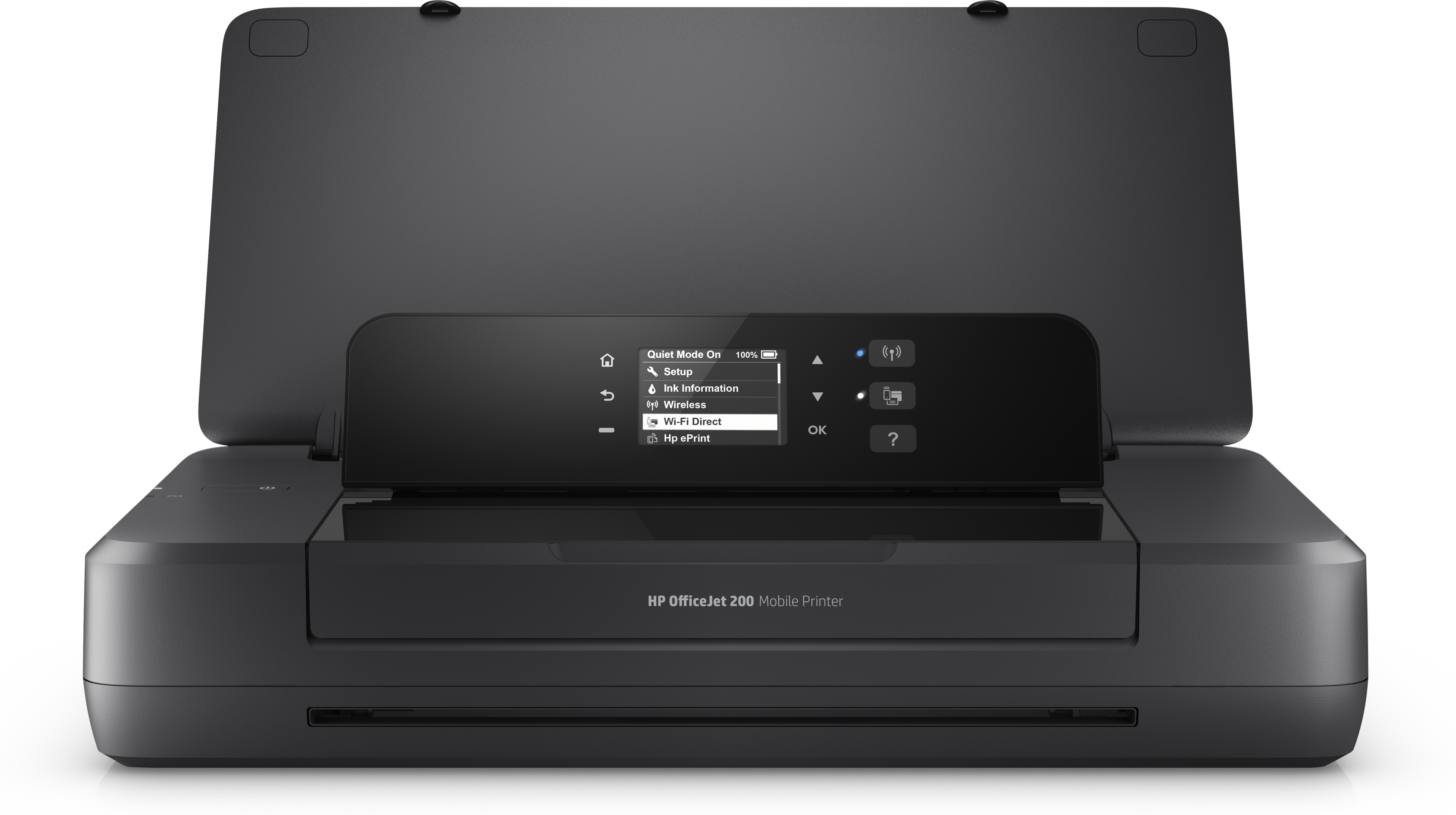 Ein schwarzer HP OfficeJet 200 Mobil-Drucker mit geöffnetem Deckel und Display.