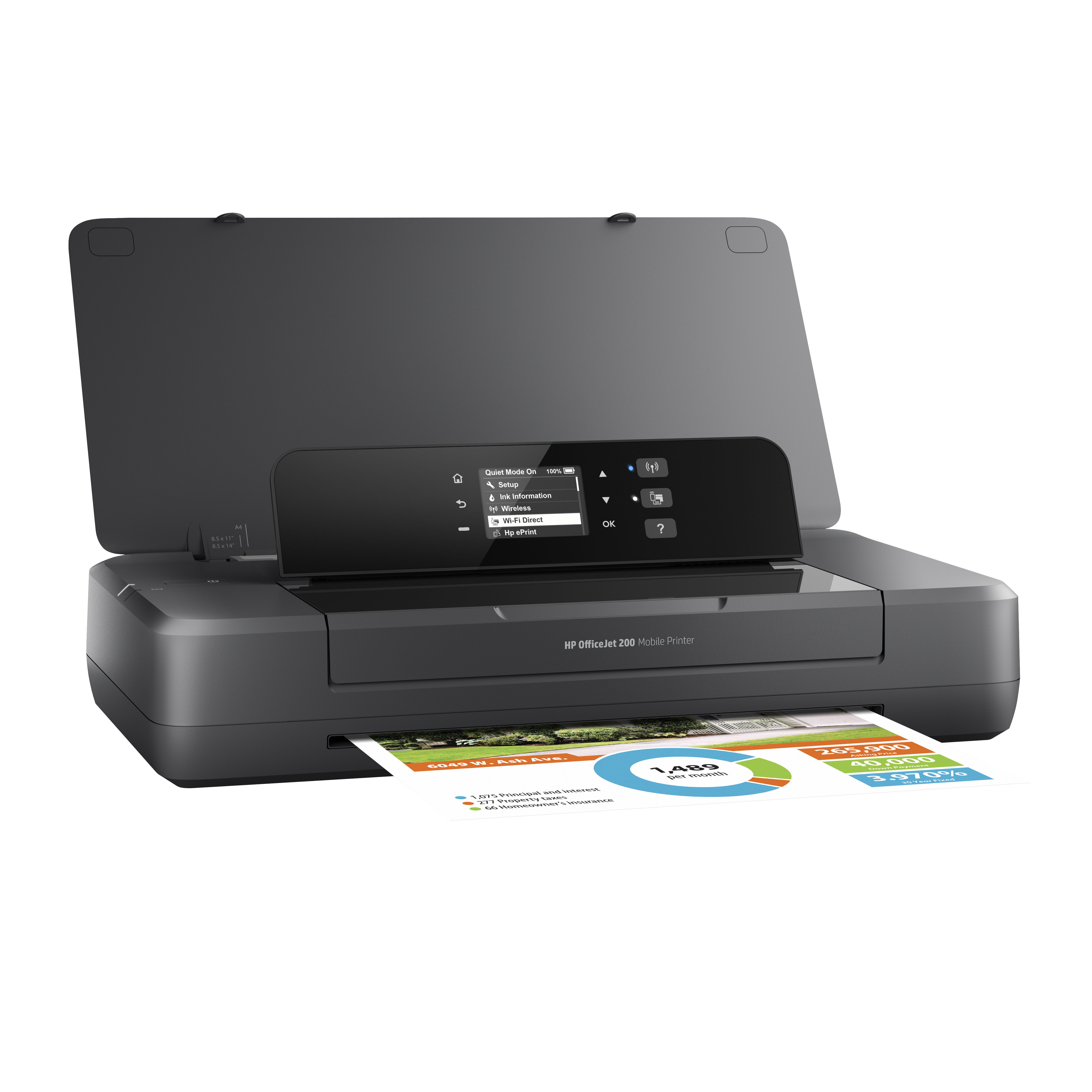 HP OfficeJet 200 Mobile Drucker mit geöffnetem Deckel, der Bildschirm und gedrucktes Dokument zeigt.