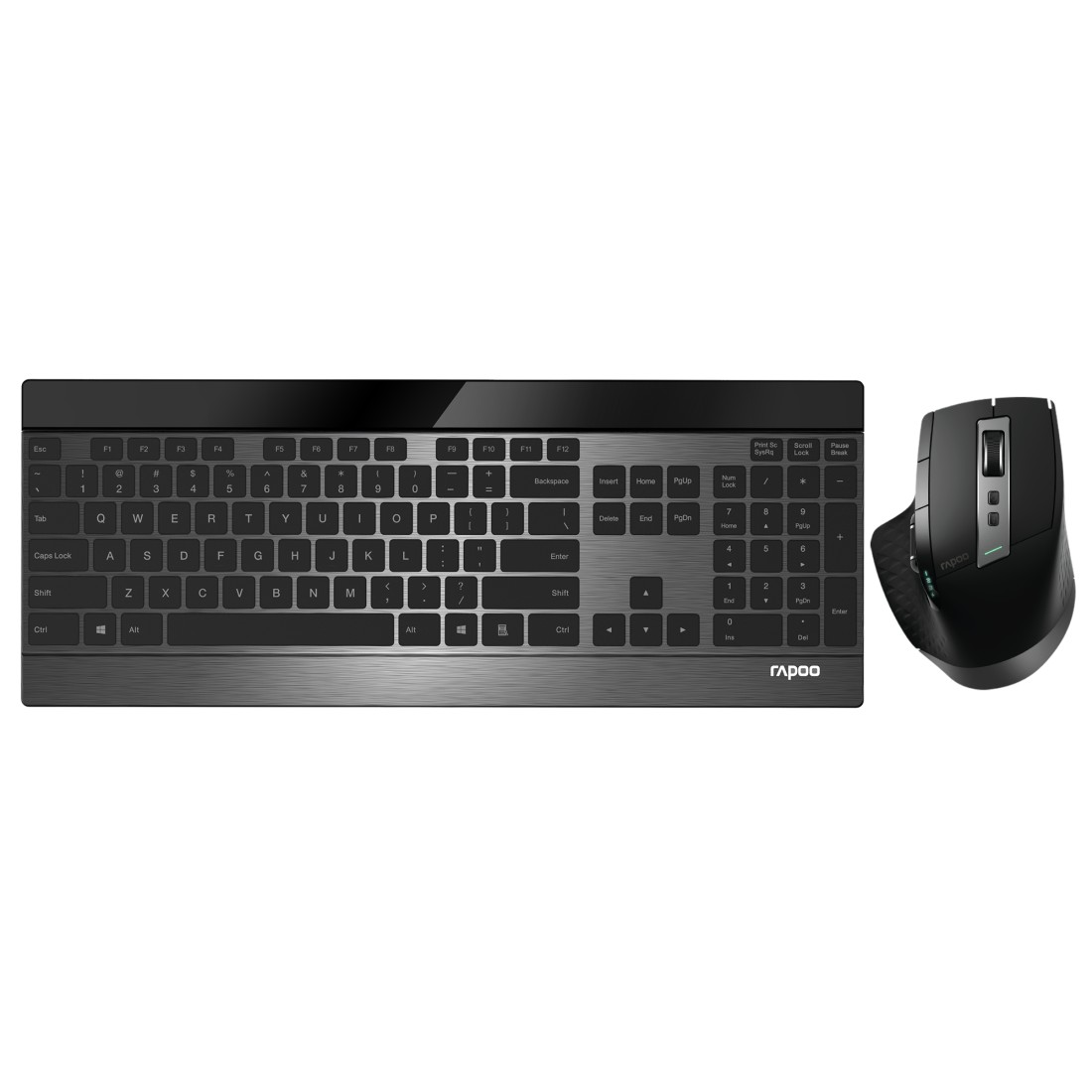 Schwarzes Tastatur- und Maus-Combo auf weißem Hintergrund.