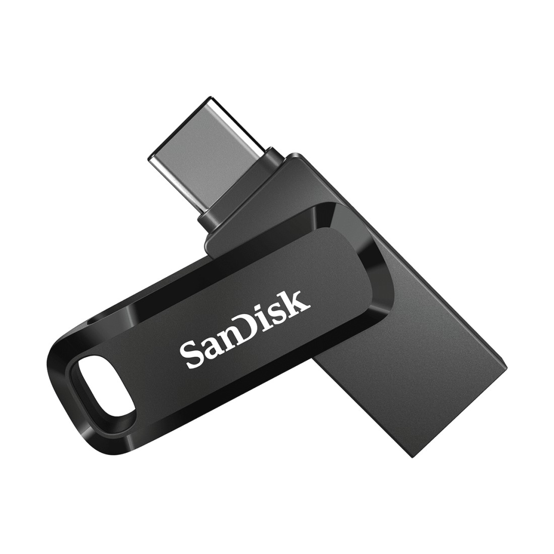 Schwarzer und silberner SanDisk USB-Stick mit silbernem USB-C-Anschluss.