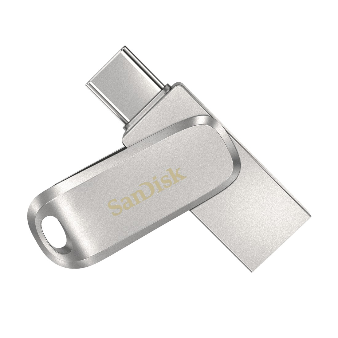 Silberner SanDisk USB-Stick, schräge Aufnahme. Er hat ein Drehdesign mit einem USB-C-Anschluss.