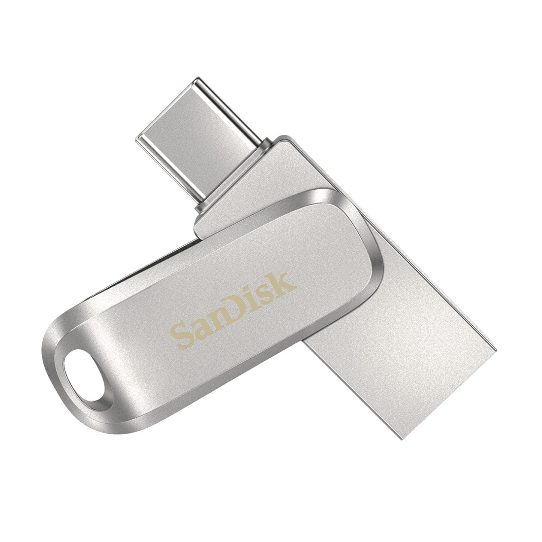 Silberner SanDisk USB-C-Flash-Laufwerk. Klein, metallisch und für eine klare Sicht angewinkelt.