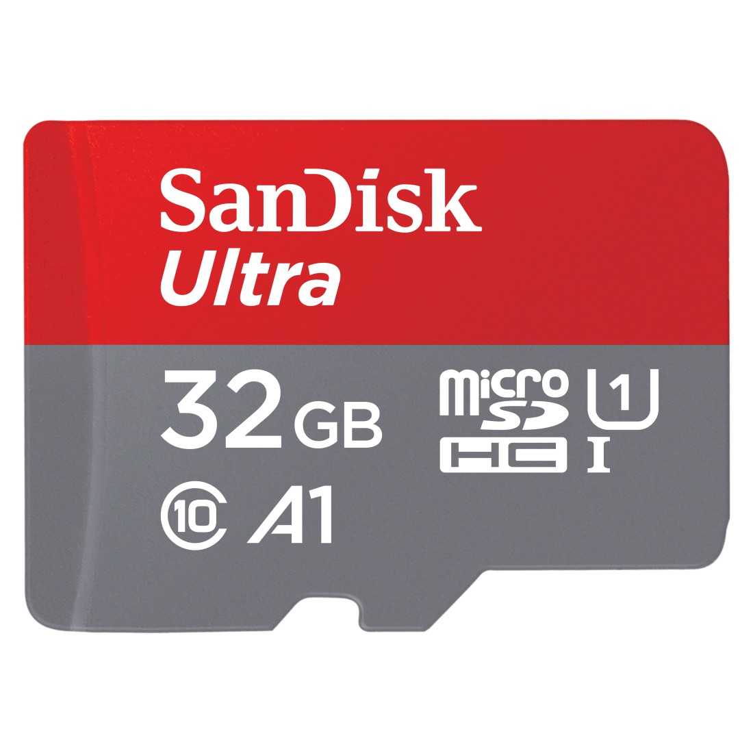 Eine rote und graue SanDisk Ultra 32GB microSD-Karte.